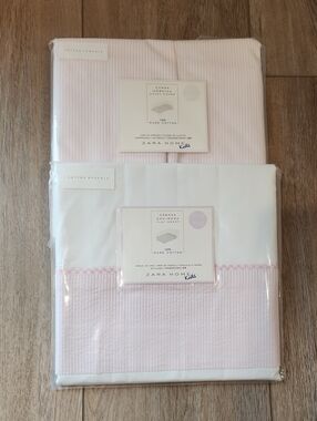 Zara Home Kids Pink and White Cotton Percale Crib Duvet Cover And Flat Sheet NWT
